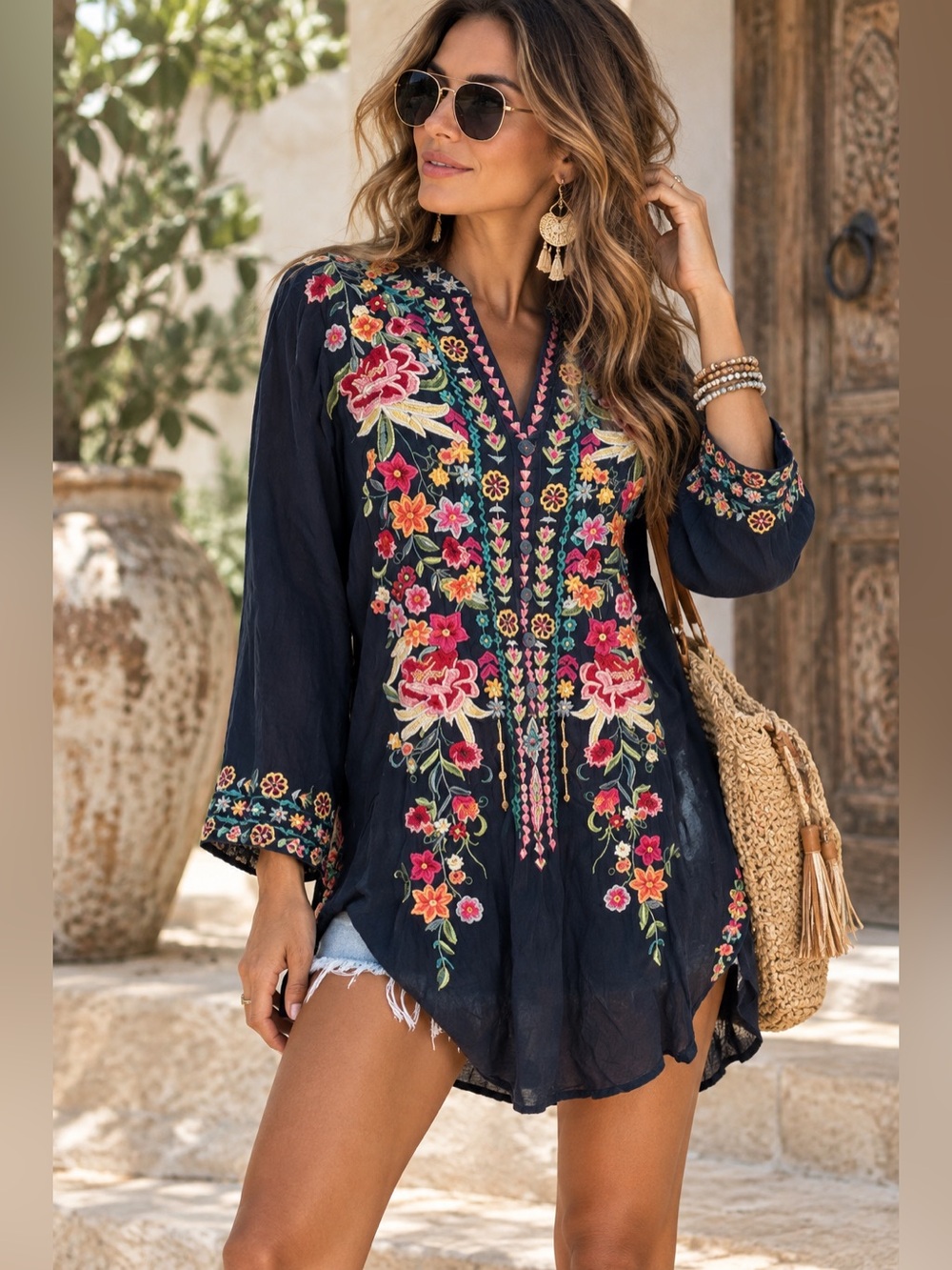 Johnny Was Embroidered Navy Boho Tunic Top Size XS